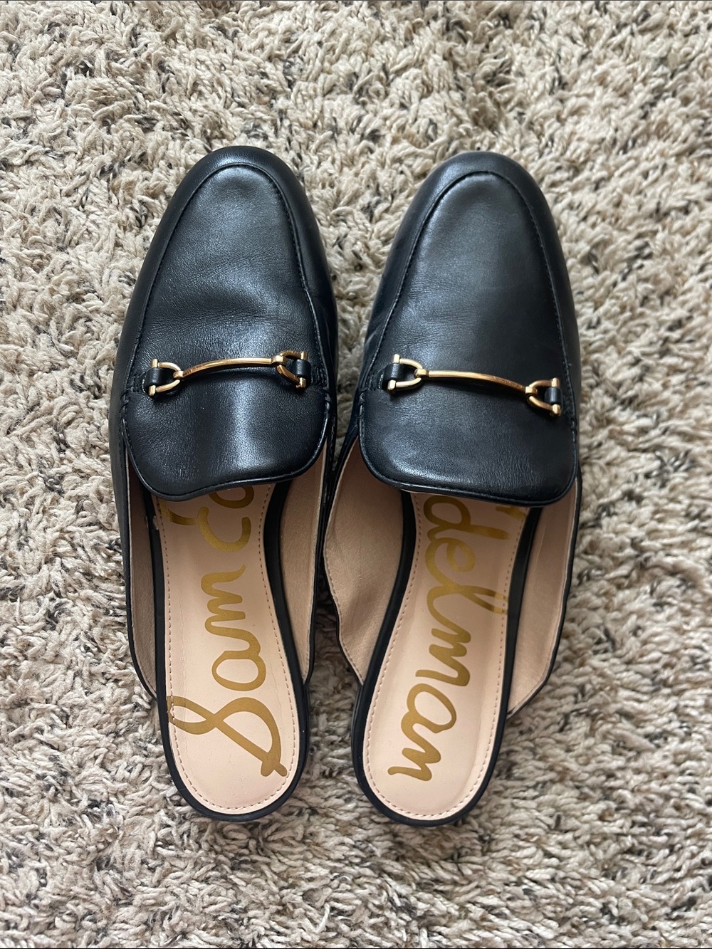 Sam Edelman Black Leather Mule with Gold Horsebit Accent